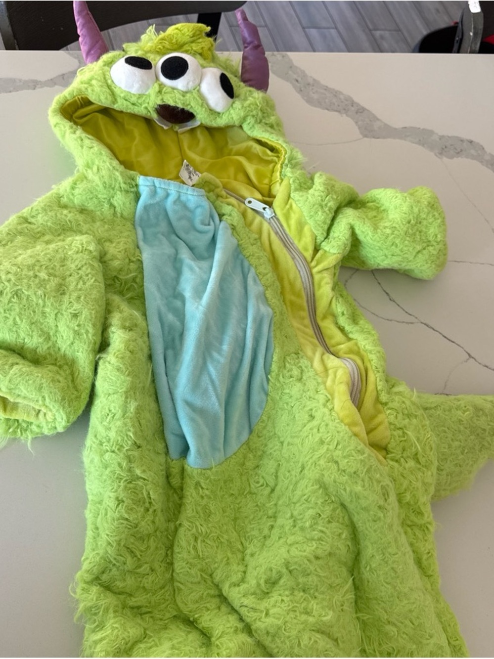 Disney Lime Green Monster Costume with Purple Horns and Light Blue Belly